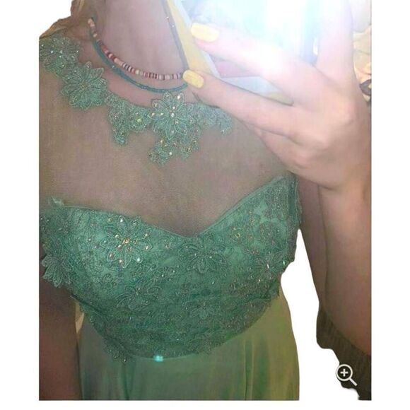 Formal Lt Green Rhinestones Floral Lace Sweetheart Bodice Long Gown Maxi Dress - Picture 4 of 15